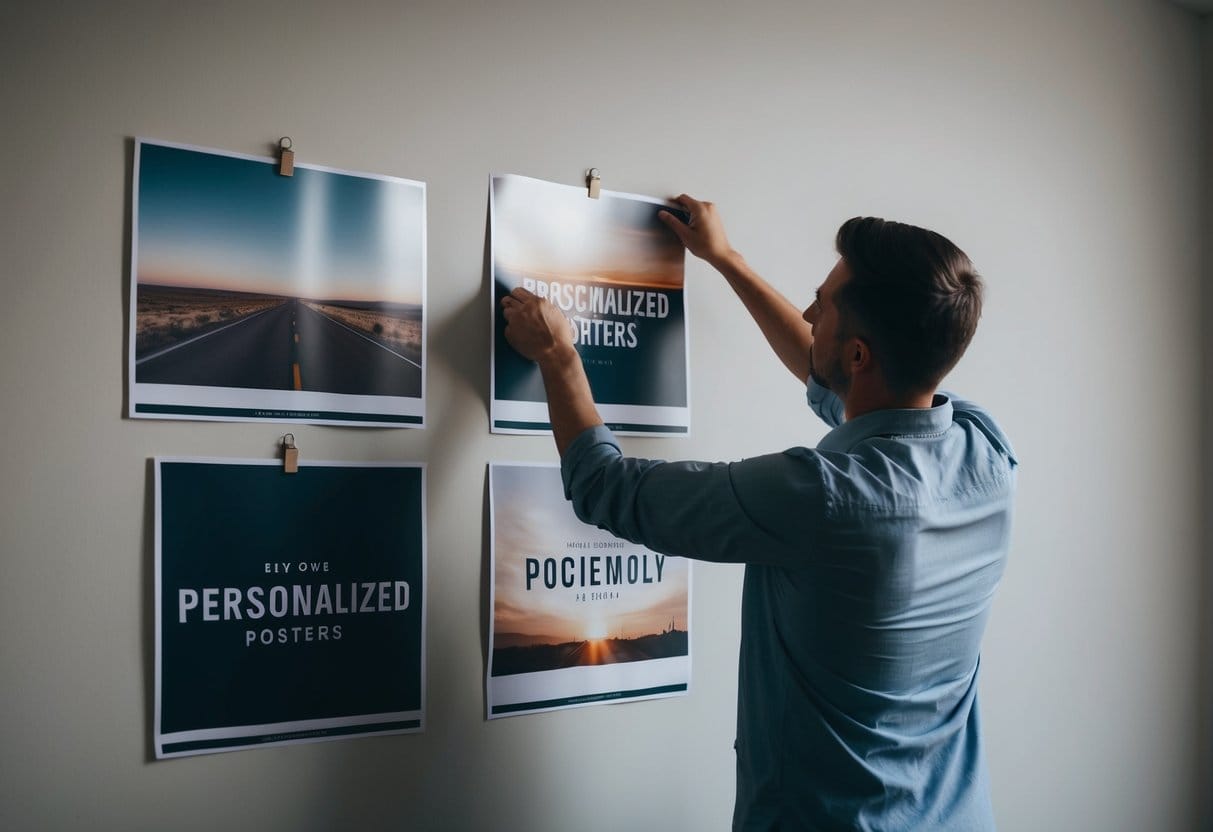 En person der hænger personlige plakater på en tom væg